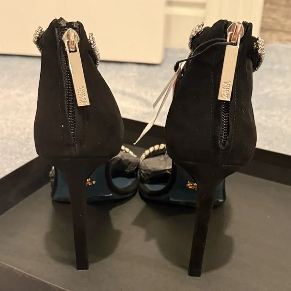 Zara Crystal Strap Black Suede Heels - Picture 7 of 11